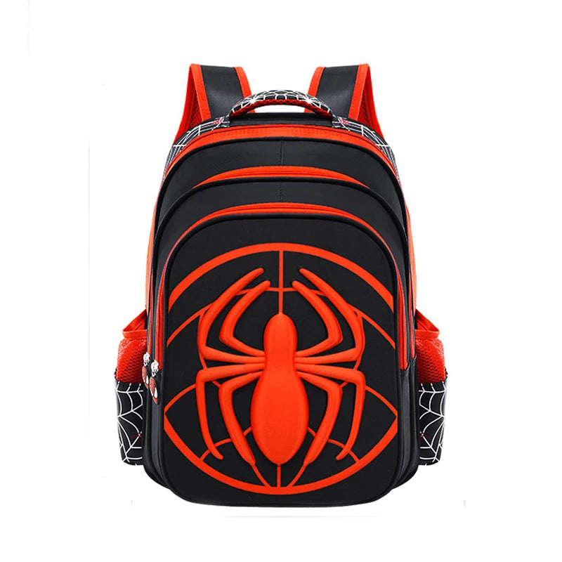 Orange and black fashion kids backpack featuring a large orange spider design