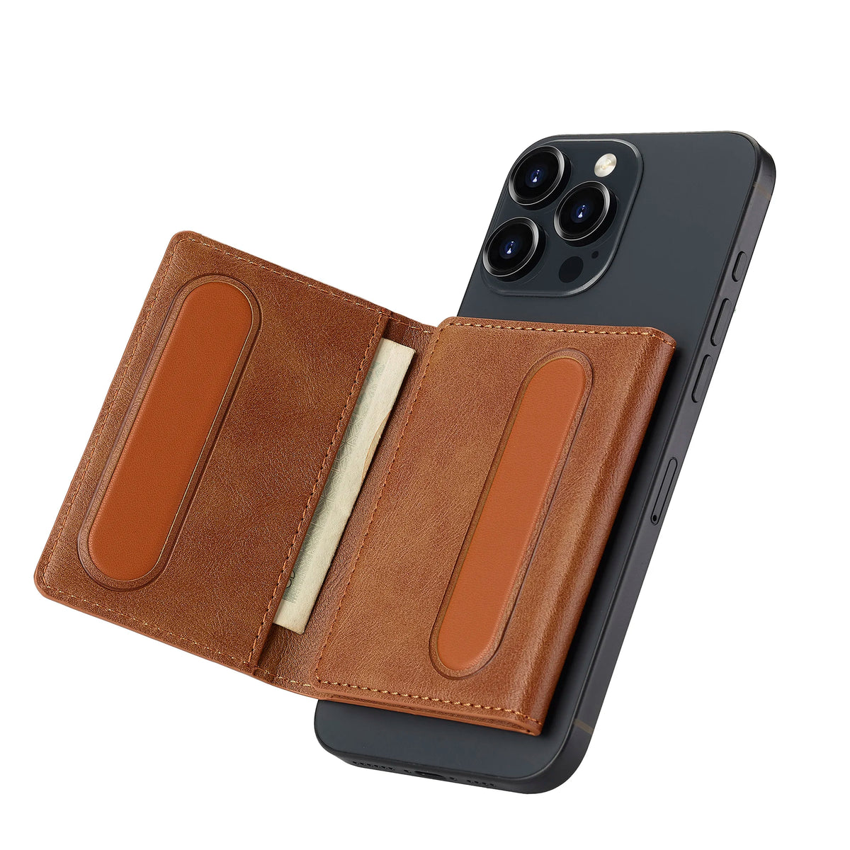 Coque de téléphone bleu foncé avec porte-cartes magnétique en cuir attaché.