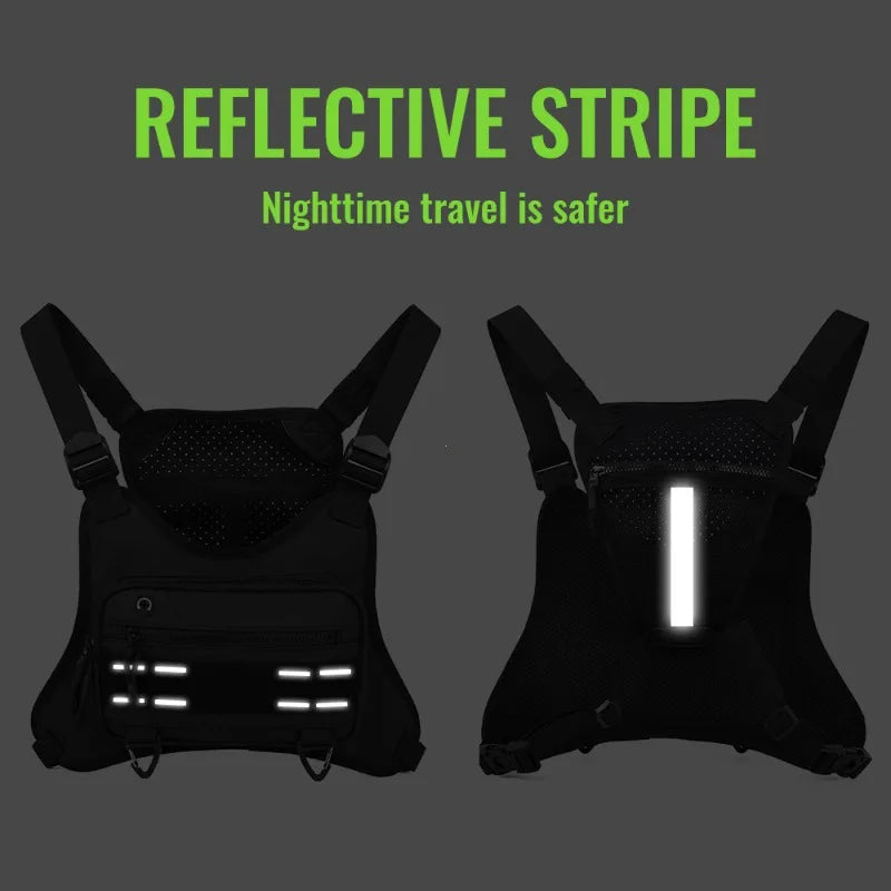 A black reflective stripe chest bag with an illuminated strip, shown from the back.
