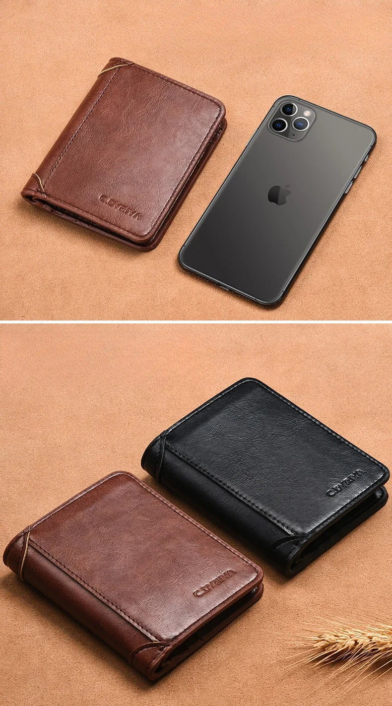 A brown leather wallet and a black leather case are displayed on a tan background.