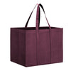 A set of six reusable, foldable grocery tote bags in a deep plum or burgundy color.