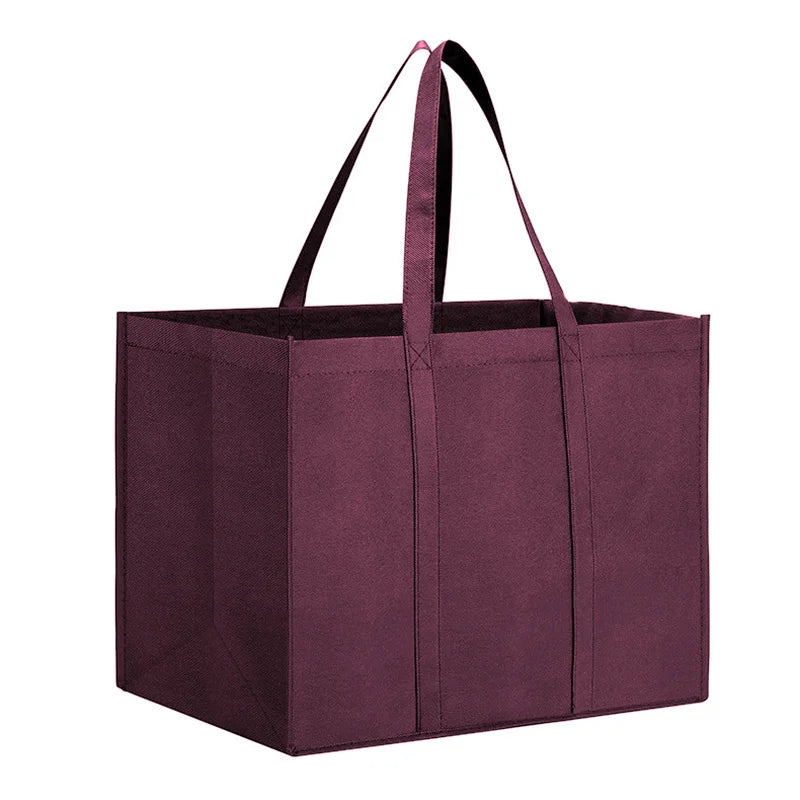 A set of six reusable, foldable grocery tote bags in a deep plum or burgundy color.