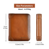 A brown genuine leather wallet shown with its dimensions and thickness.