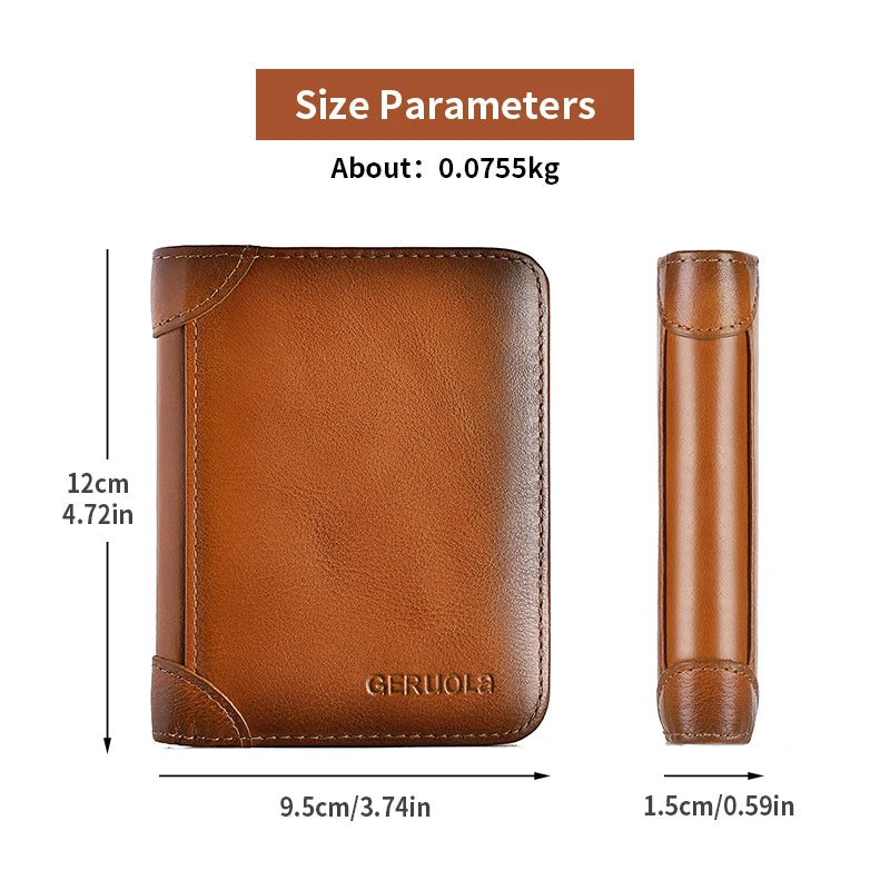 A brown genuine leather wallet shown with its dimensions and thickness.