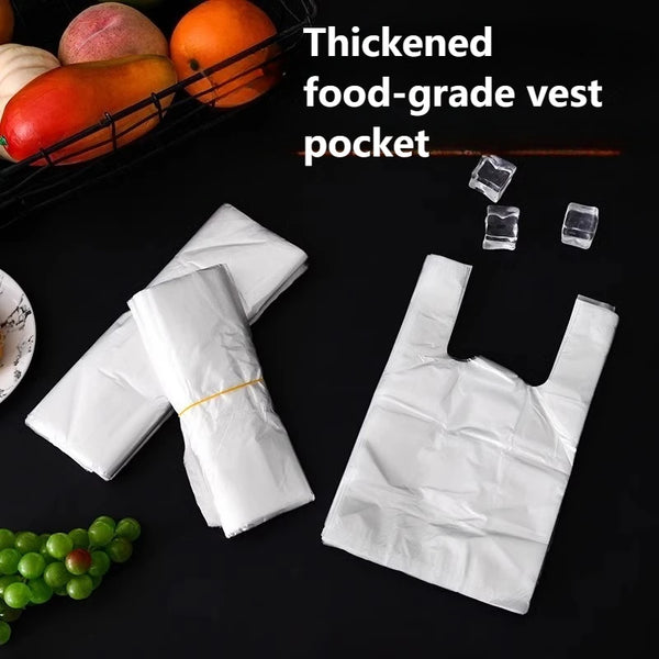 A black background shows a thickened food-grade vest pocket with ice cubes and white paper bags.
