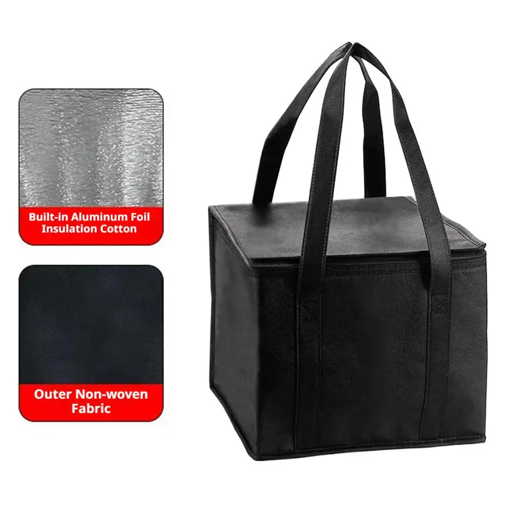 Black reusable insulated cooler bag with a silver foil insulation layer and non-woven fabric interior.