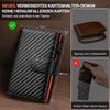 A black wallet with a carbon fiber texture and an orange accent, shown open and closed.