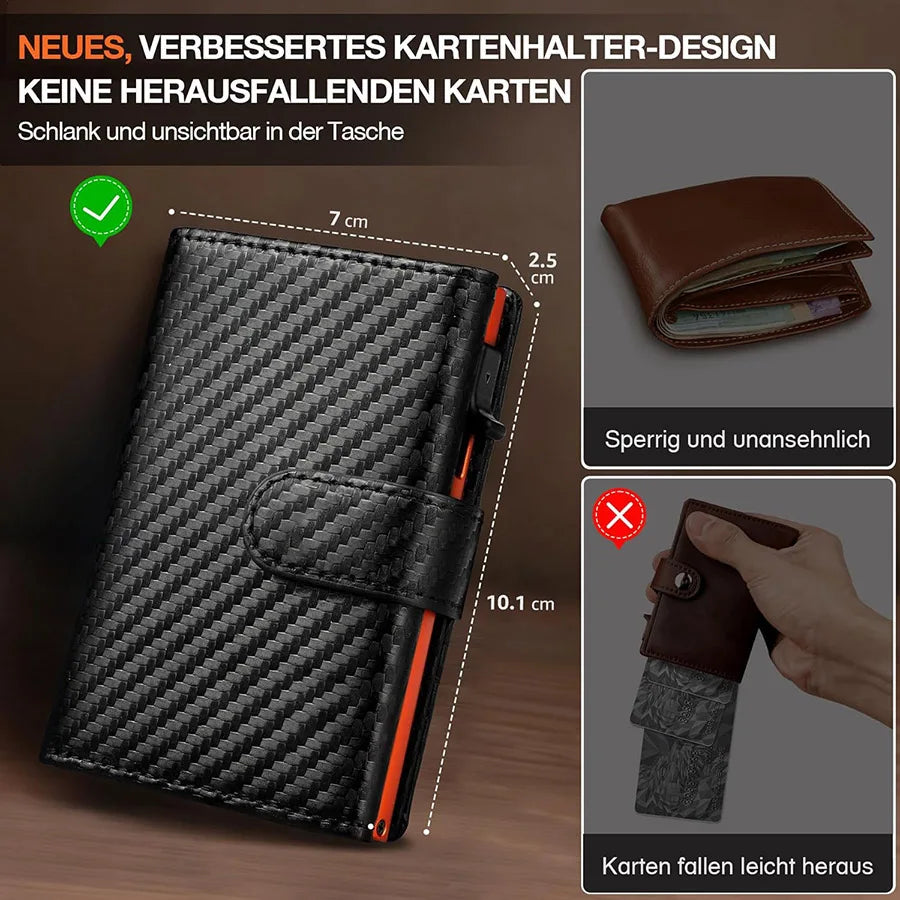 A black wallet with a carbon fiber texture and an orange accent, shown open and closed.