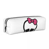 White pencil case with a black outline of a pink bow and mustache design.