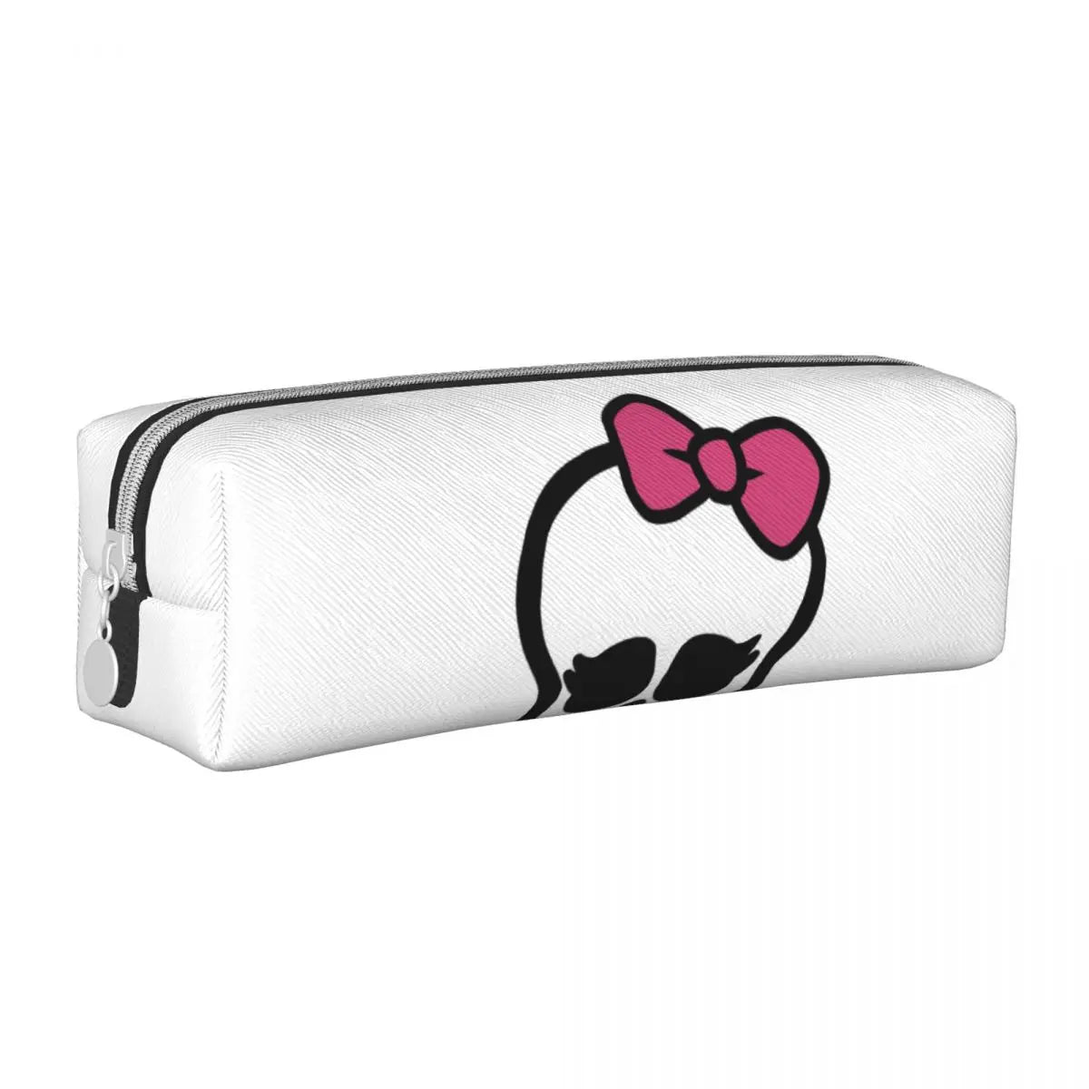 White pencil case with a black outline of a pink bow and mustache design.