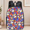 A black backpack featuring a vibrant anime print with colorful characters and designs.