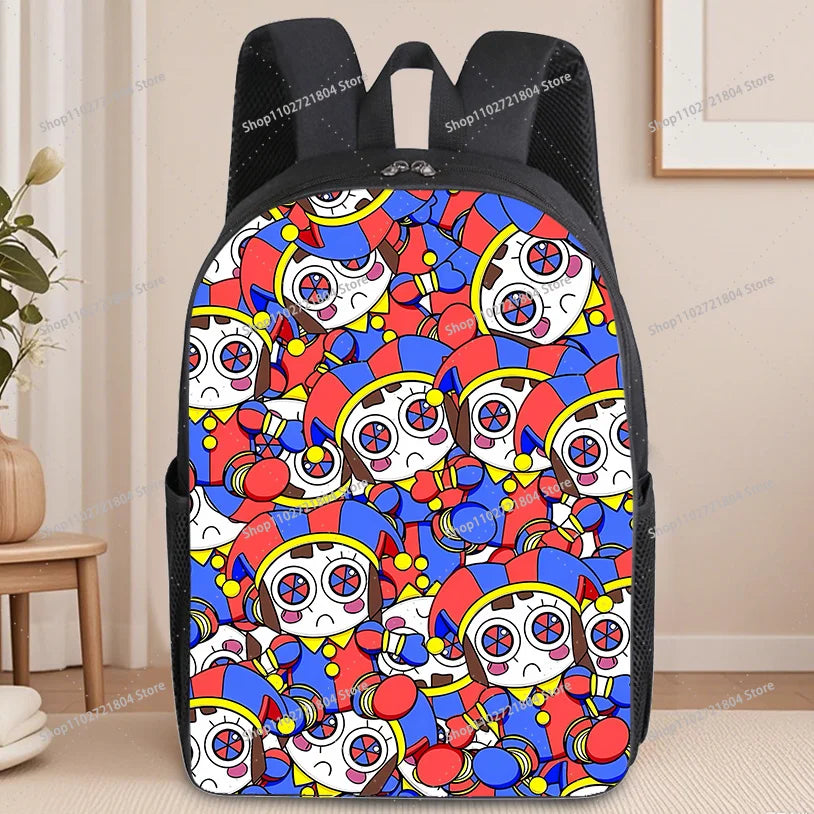 A black backpack featuring a vibrant anime print with colorful characters and designs.