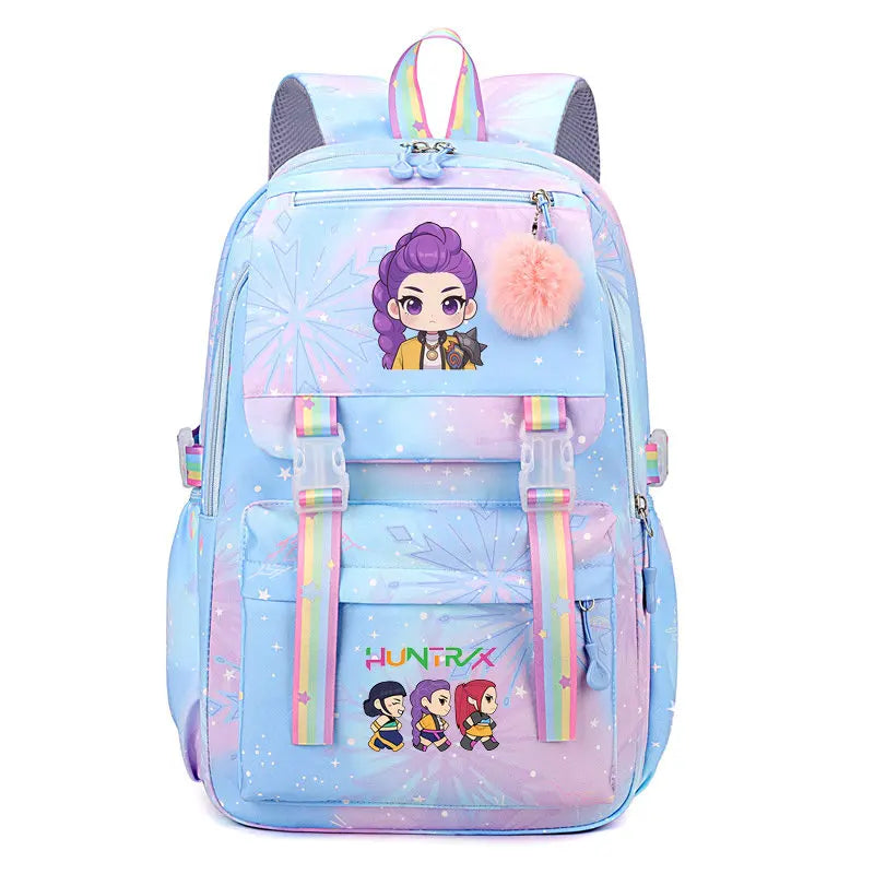 A light blue and purple Jacquard laptop backpack featuring a cute anime character design.