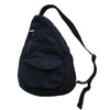 A dark navy canvas crossbody shoulder bag with a flap and multiple pockets.