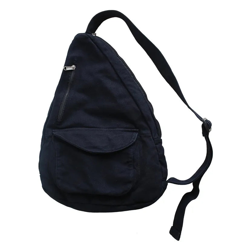 A dark navy canvas crossbody shoulder bag with a flap and multiple pockets.