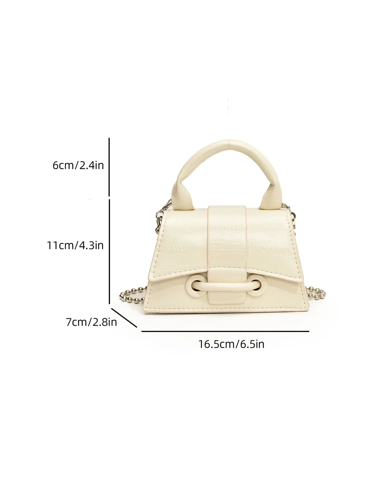 A cream-colored elegant square crossbody bag with a leather strap and chain detail.