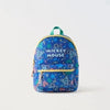 A blue and purple Mickey Mouse print fashion backpack with yellow trim.