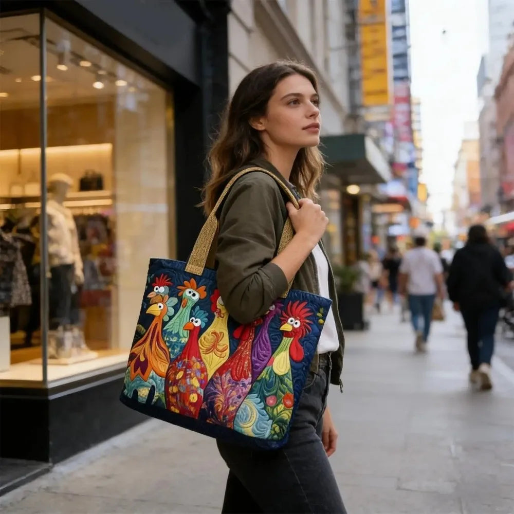 Una mujer con chaqueta verde oliva lleva un colorido bolso acolchado vintage con pájaros pintados mientras camina en un...