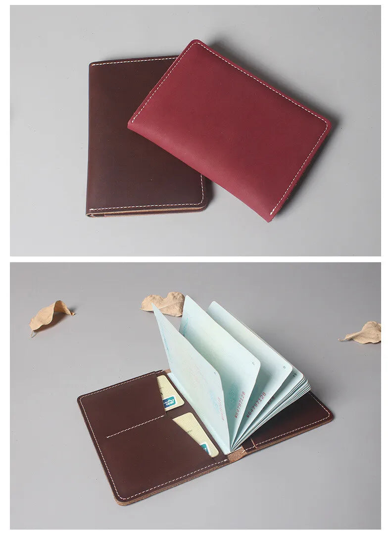 A deep burgundy genuine cowhide leather passport and ticket holder displayed in two views.