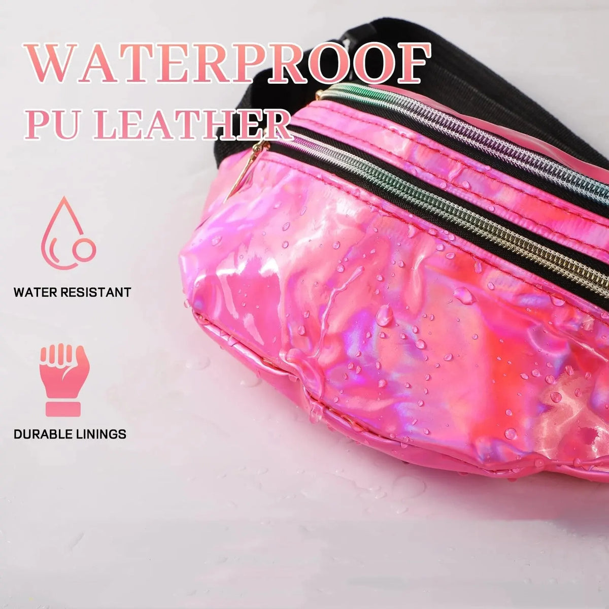 Pink holographic PU leather waterproof waist bag with silver zipper and adjustable strap