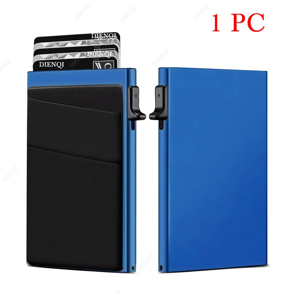 A blue metal card holder with a black sleeve and an RFID blocking card is shown next to the open holder.