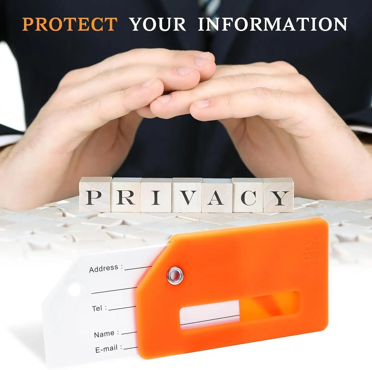 Orange silicone luggage tag with a clear window for personal information