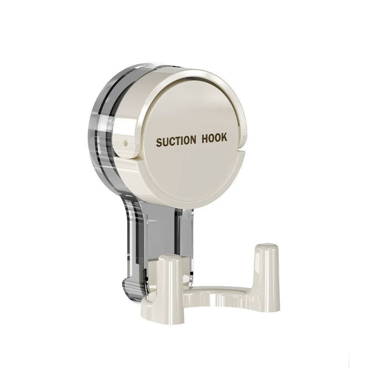A close-up view of a clear suction hook with a white label marked SUCTION HOOK and a mounting bracket.