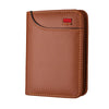 A brown slim bi-fold wallet for men with multiple card slots and a red accent.