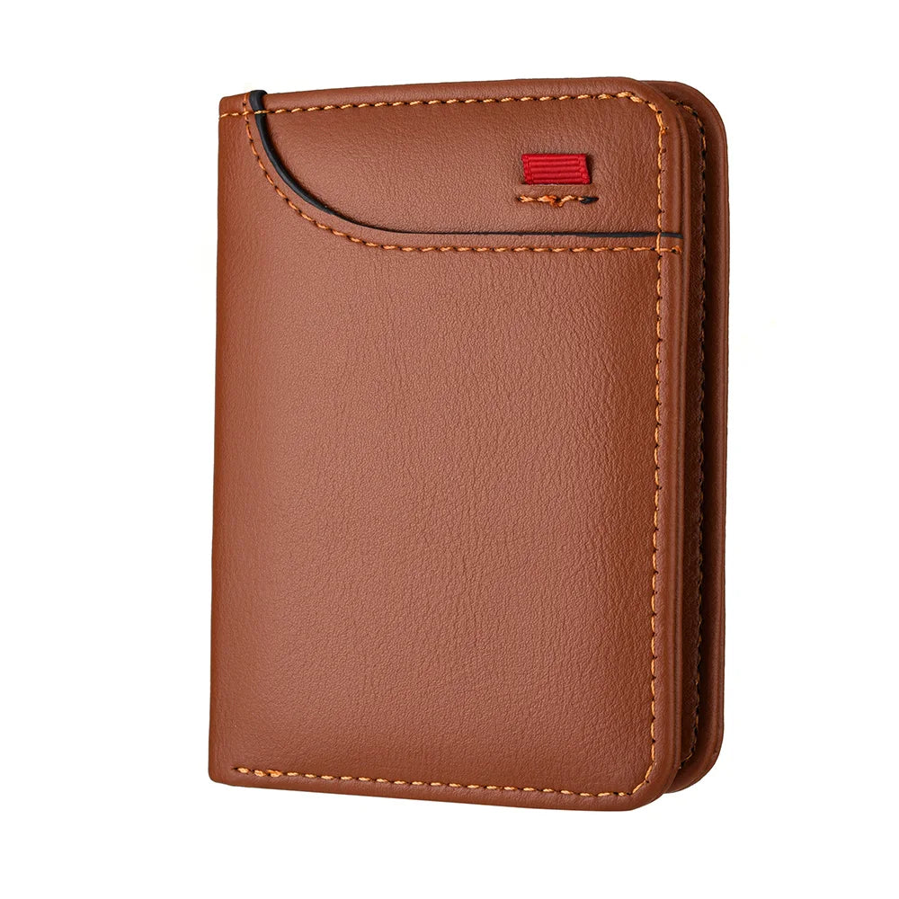 A brown slim bi-fold wallet for men with multiple card slots and a red accent.
