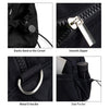 Close-up shots showing various features of a black bag including an elastic band, zipper, metal D-buckle, and side pocket.