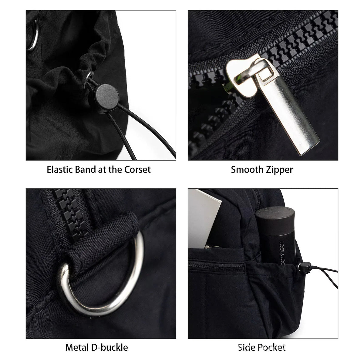 Close-up shots showing various features of a black bag including an elastic band, zipper, metal D-buckle, and side pocket.