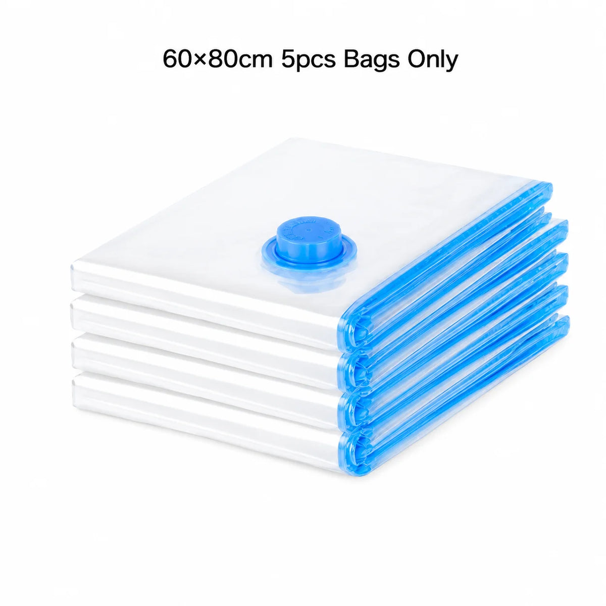 A stack of 5 clear plastic vacuum storage bags with blue seals and a pump mechanism.