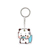 A white cartoon panda resin keychain charm with a blue accent.