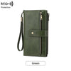 Cartera de cuero verde oscuro para mujer con cremallera y cordón para protección RFID.