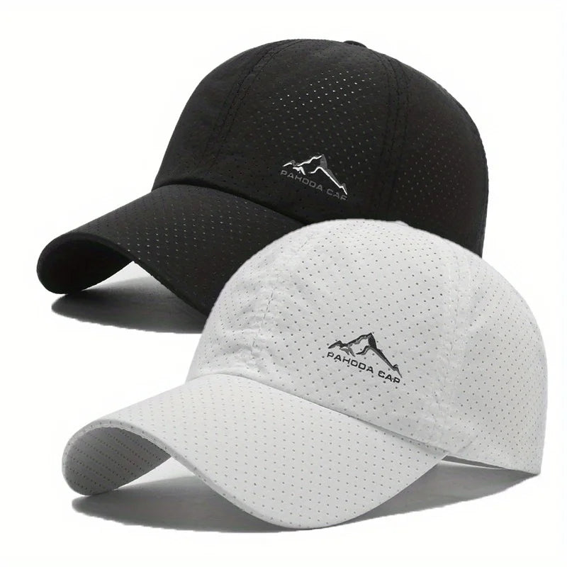 A black and white outdoor baseball cap set featuring a logo on the front.
