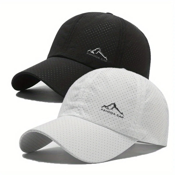 A black and white outdoor baseball cap set featuring a logo on the front.