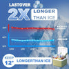 A graphic showing that Lastover 2X longer than ice and keeping 12° longer than ice, with a blue ice pack in a container.