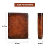 A brown genuine leather wallet shown with its size parameters, including dimensions of 4.72in by 3.74in and 0.59in.