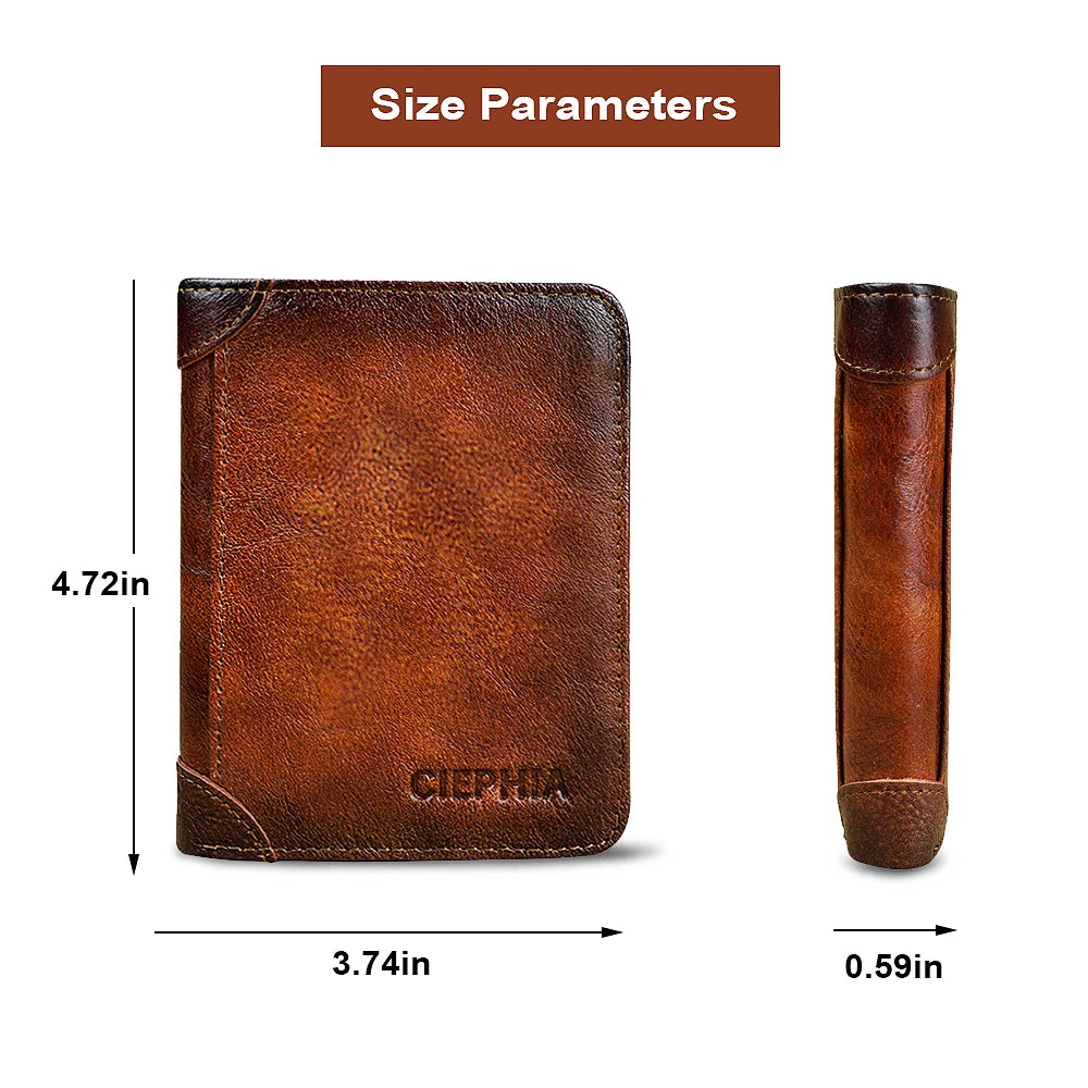 A brown genuine leather wallet shown with its size parameters, including dimensions of 4.72in by 3.74in and 0.59in.