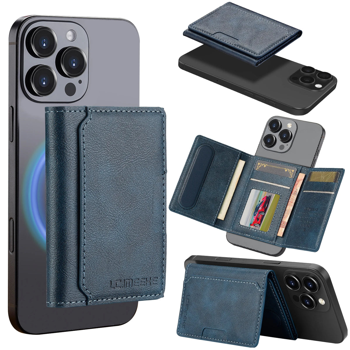 Portefeuille en cuir bleu foncé et support de carte pour smartphone, montrés dans diverses configurations pliées.