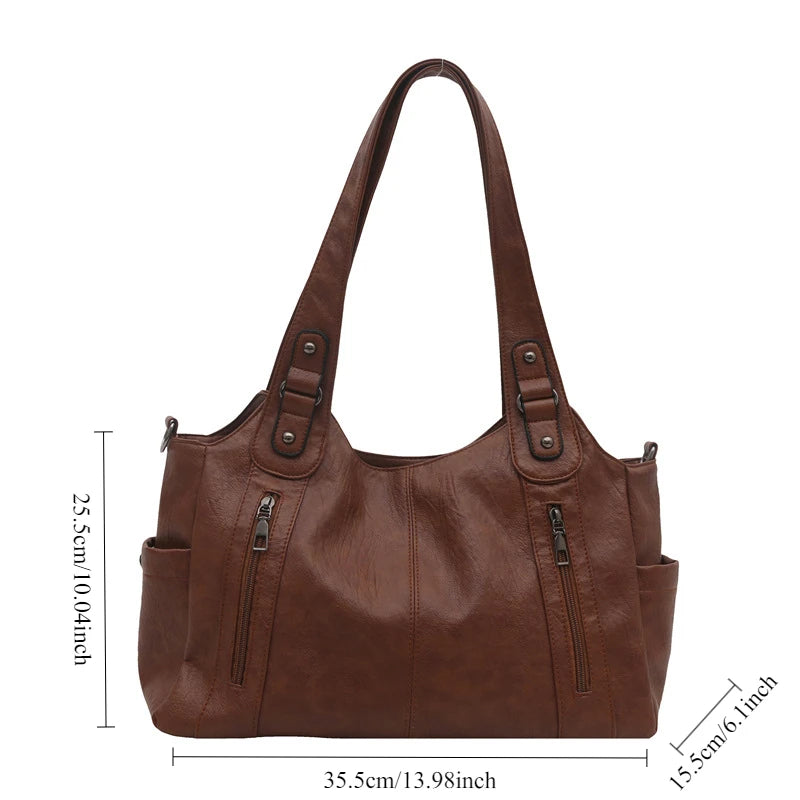 A brown leather everyday large-capacity shoulder tote bag shown from the front view.