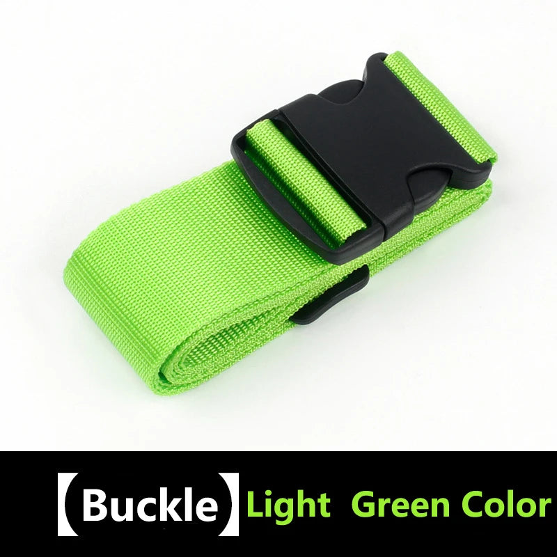 Light green luggage identification strap with a black buckle