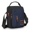 Black Men's Crossbody Sling Bag with an orange zipper pull and a headphone port.