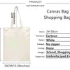 White canvas shopping bag with handles and dimensions shown.