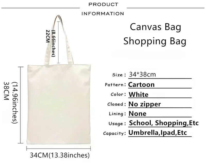 White canvas shopping bag with handles and dimensions shown.