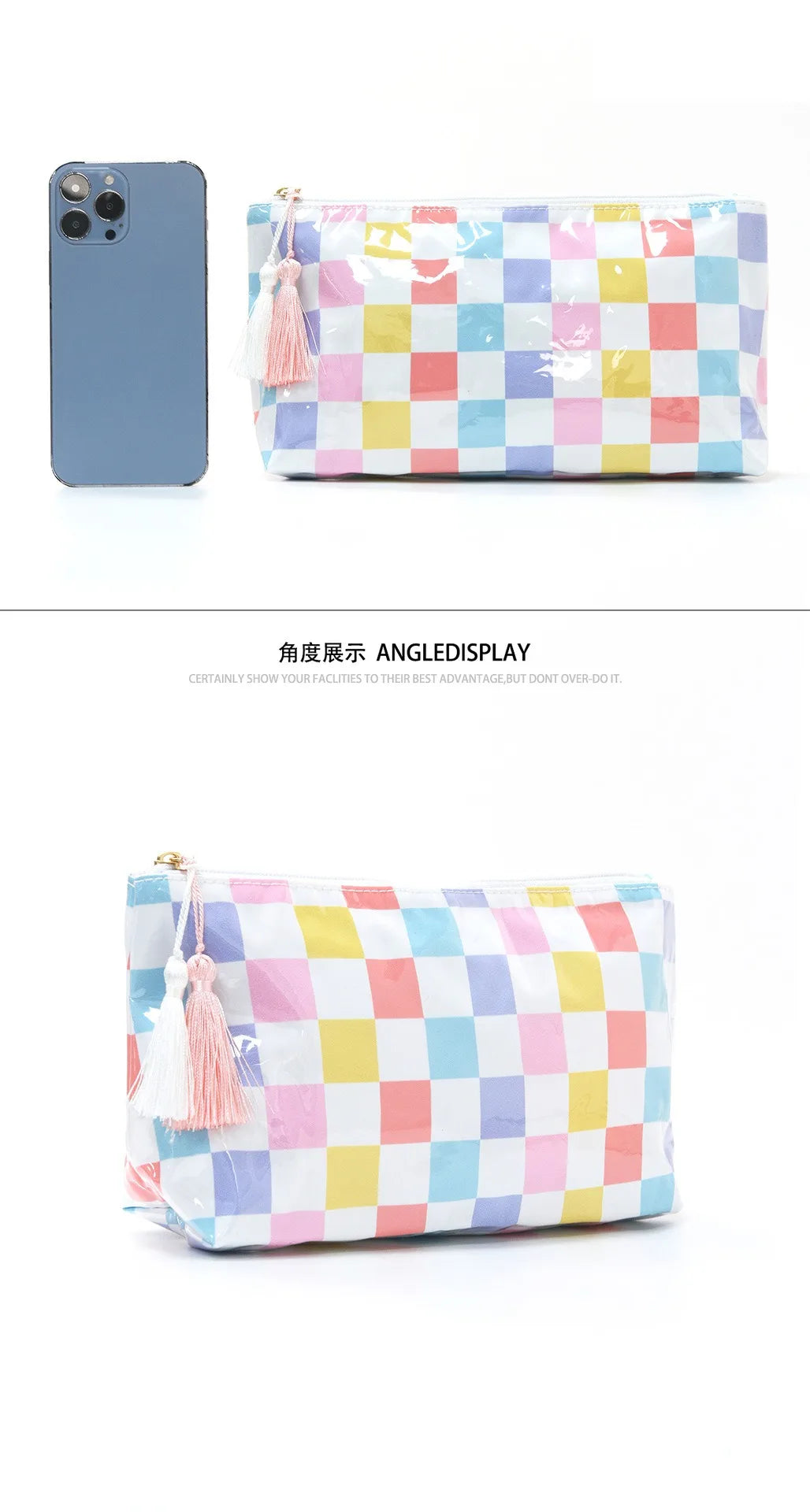 A colorful checkered cosmetic storage pouch with pink, yellow, blue, and white squares and tassels.