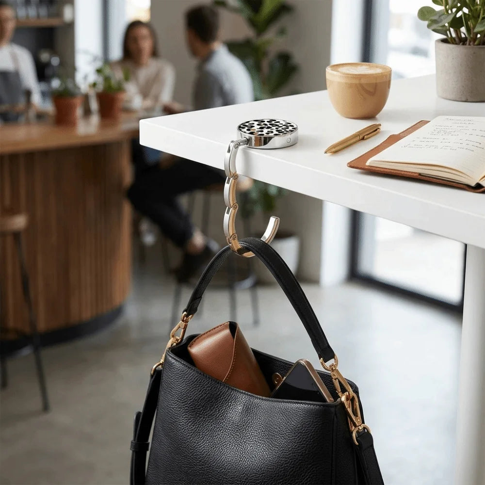 A black leather handbag is hanging from a round metal bag hanger on a white table.