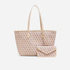 A beige geometric print tote bag and matching pouch set for women.