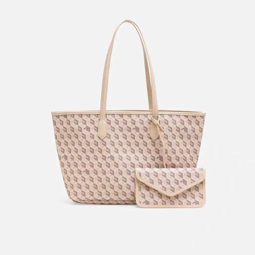 A beige geometric print tote bag and matching pouch set for women.