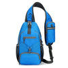 A bright blue multi-functional nylon chest sling bag with black straps and pockets.